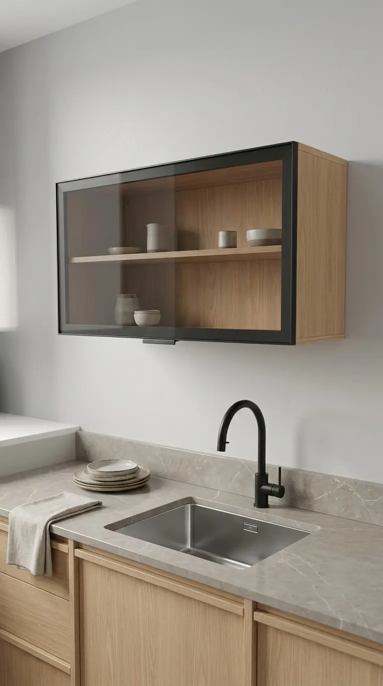 Alacena modular de madera con frente de vidrio y marco negro
