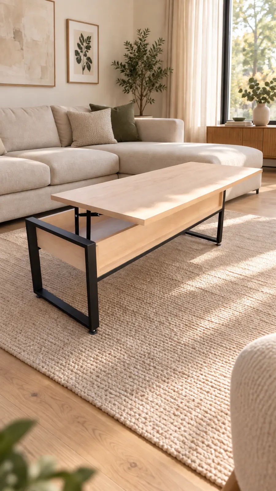 Mesa extensible de madera con estructura metálica negra