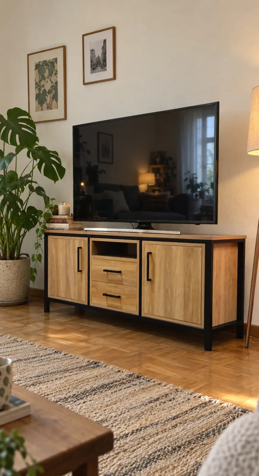 Rack de TV de madera con estructura metálica negra